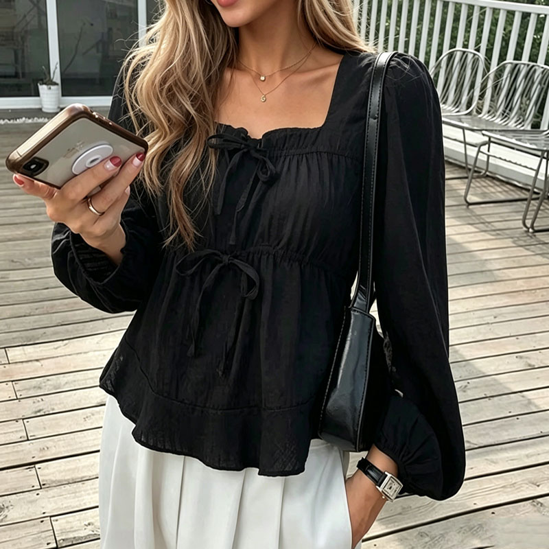 Tie Front Shirt - Elegant Bow Tie Lace Up Women