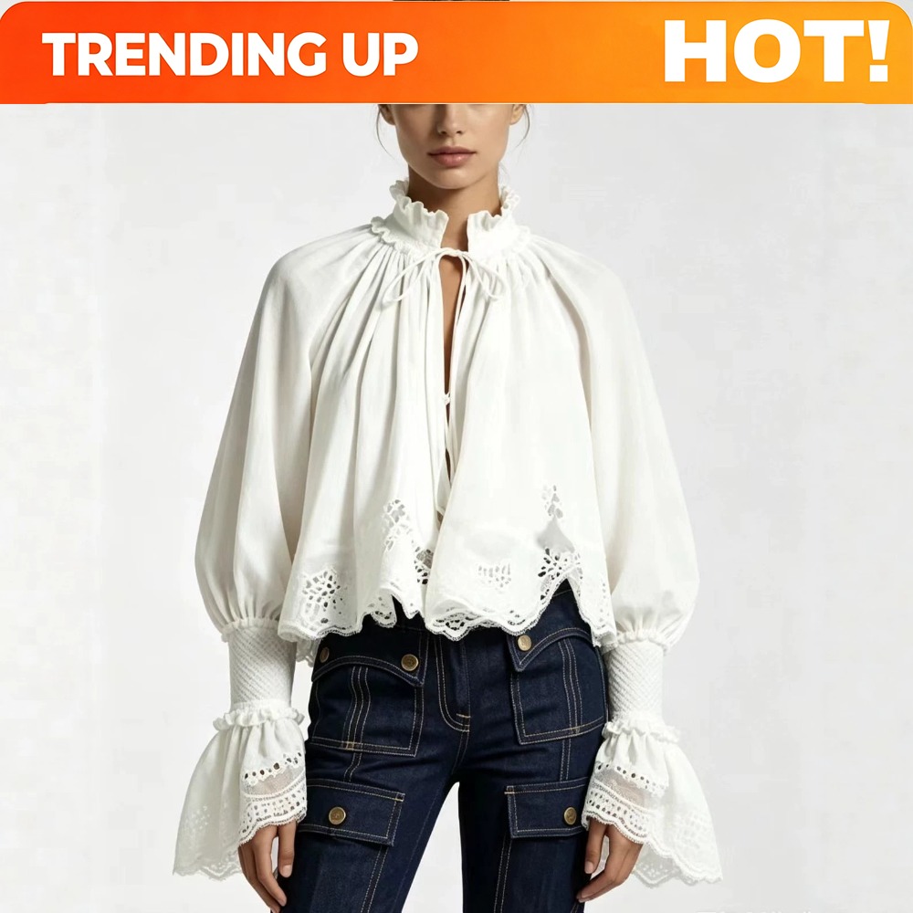 Tie Front Shirt - Customization Women's Vintage Hollow Lace Blouse