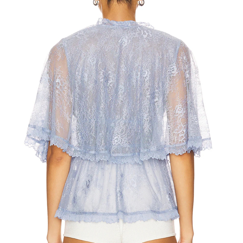Tie Front Shirt - Women's Elegant Sheer Floral Lace See-through