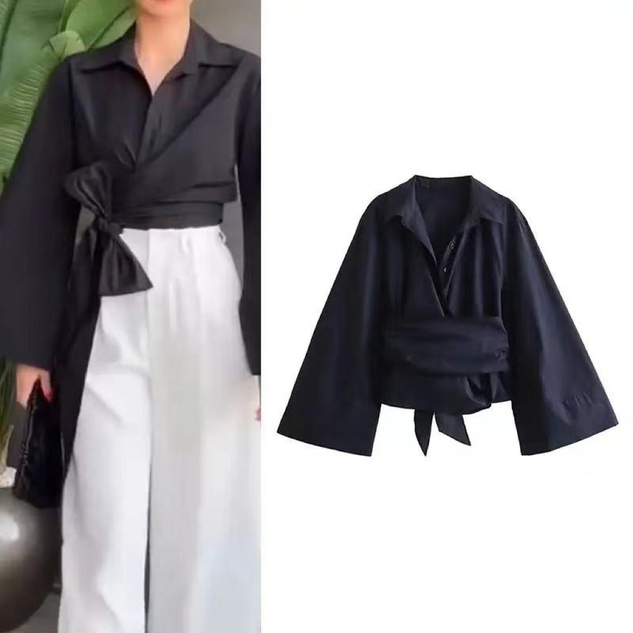 Tie Front Shirt - New Women's Fashion Casual Polo Neck
