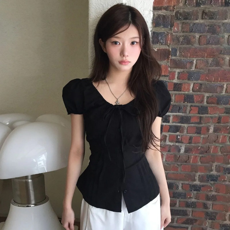 Tie Front Shirt - Women's Black Puff Sleeve Blouse V