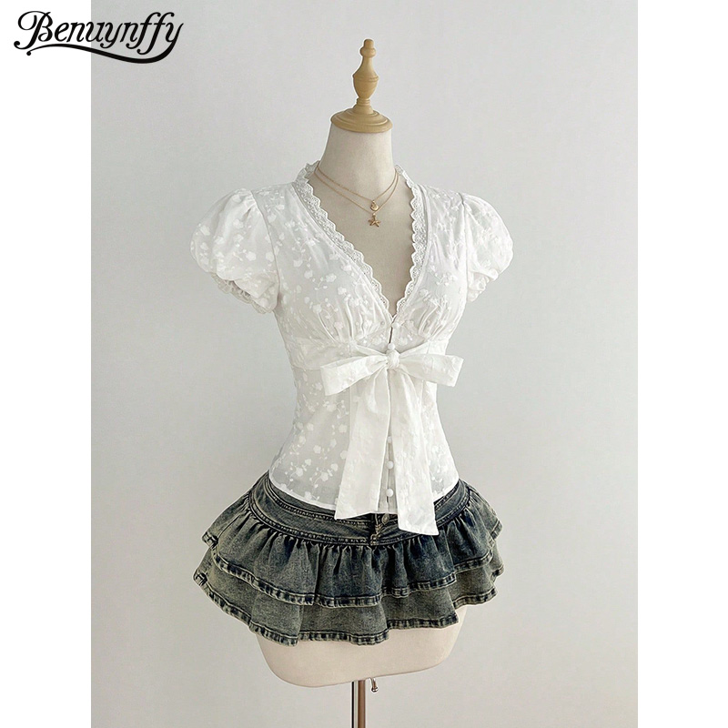 Benuynffy White V-Neck Puff Sl - Tie Front Shirt review and price