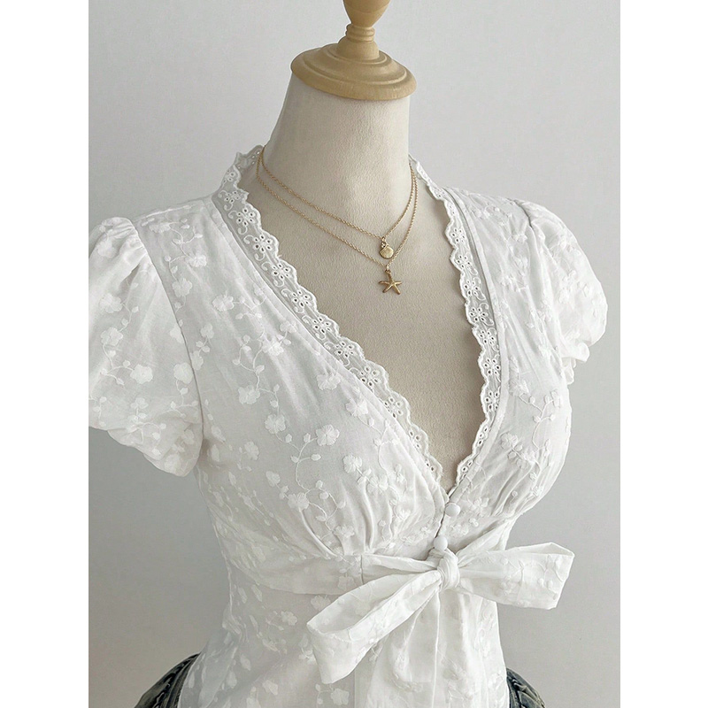 Benuynffy White V-Neck Puff Sl - Tie Front Shirt review and price