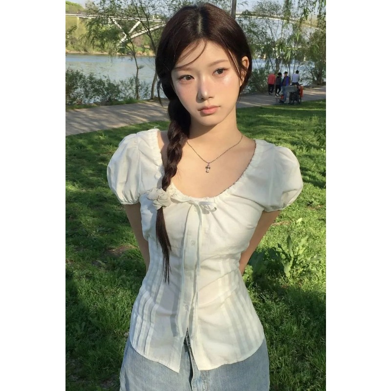 Women's Black Puff Sleeve Blou - Tie Front Shirt review and price